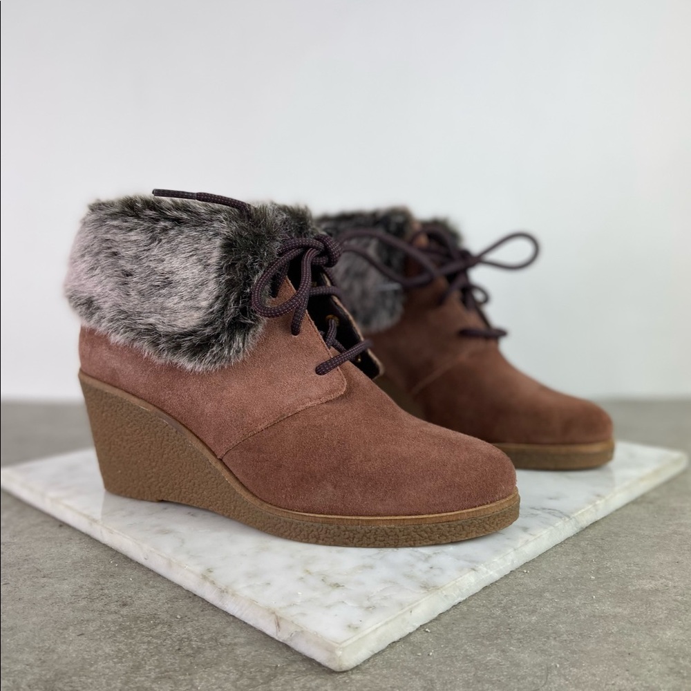 Cole Haan Brown Suede Fur Collar Wedge Booties — NEW